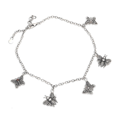 Wild Wings,'Javanese Garnet Charm Anklet with Butterfly Motif'