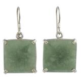 Abstract Square,'Minimalist Silver and Apple Green Jade Artisan Earrings'