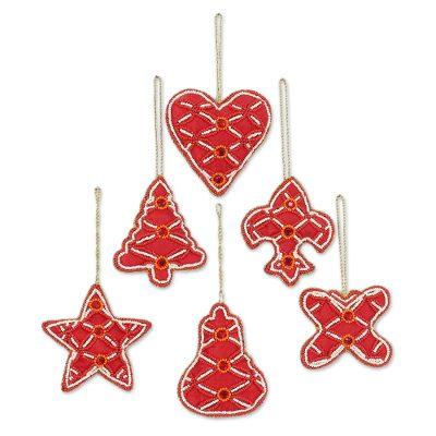 Christmas Party in Red,'Set of Six Beaded Christmas Ornaments in Red from India'