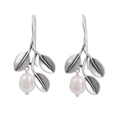 Iridescent Pears,'Dangle Earrings with Cultured Pearls and 925 Silver Leaves'