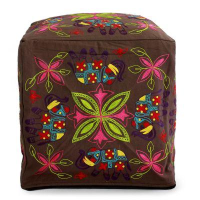 Embroidered cotton ottoman cover, 'Elephant Blooms'