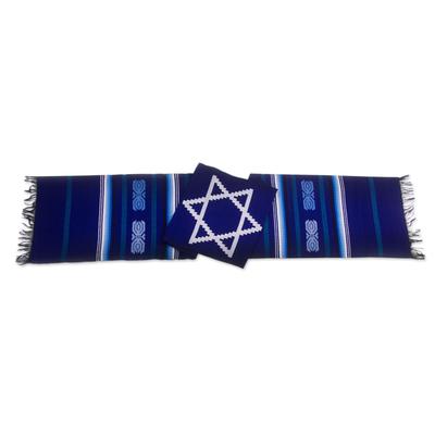 Cotton table runner, 'Star of David on Blue'