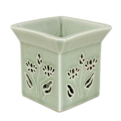 Lotus Garden,'Floral Ceramic Clay Tealight Oil Warmer Handcrafted Thailand'