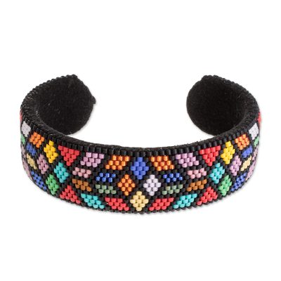 Rainbow Geometry,'Colorful Geometric Glass Beaded Cuff Bracelet'