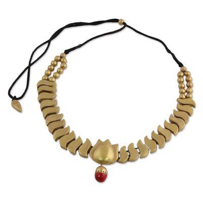 Golden Tranquility,'Indian Gold Tone Adjustable Ceramic Floral Pendant Necklace'