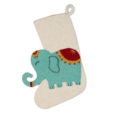 Festive Elephant in Ivory,'Handmade Wool Christmas Stocking'