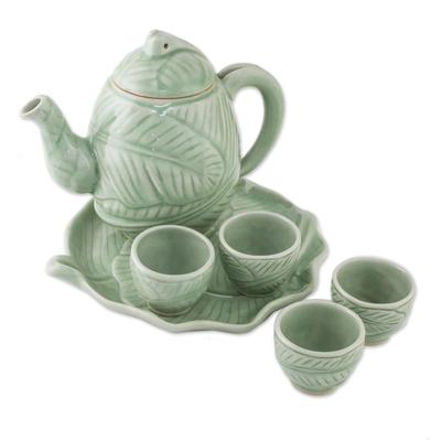 Celadon ceramic tea set, 'Peaceful Islands' (set for 4)