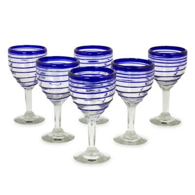 'Tall Cobalt Spiral' (set of 6) - Hand Blown Blue Accent Wine Glasses Set of 6 Mexico