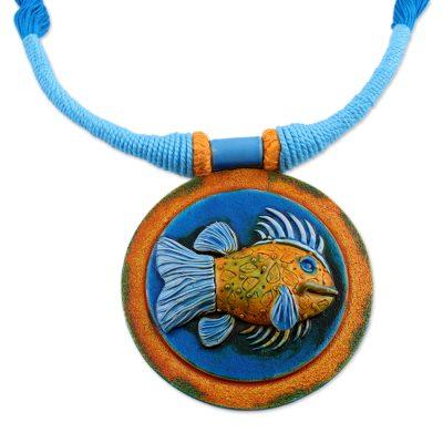 Blue Angler,'Ceramic and Cotton Fish Pendant Necklace in Blue from India'