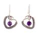 Wise Love,'Sterling Silver Heart Dangle Earrings with Amethyst Jewels'