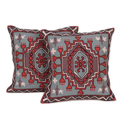 Royal Fountain,'Multicolored Chain Stitched Cotton Cushion Covers (Pair)'