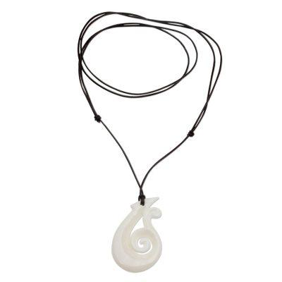 Wavy Hook,'Handcrafted Swirl Motif Bone Pendant Necklace from Bali'