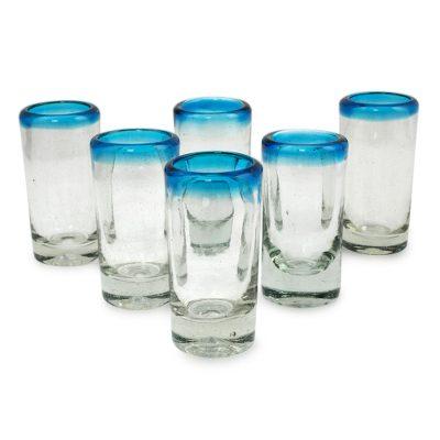 'Aquamarine' (set of 6) - Hand Blown Mexican Tequila Shot Glasses Clear Se