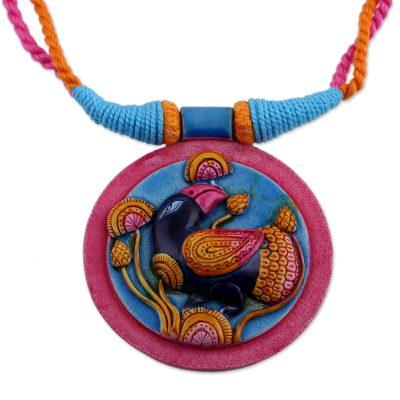 Nightingale Song,'Colorful Ceramic and Cotton Bird Pendant Necklace from India'