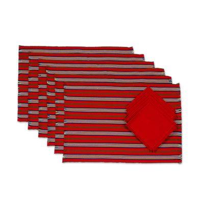 Palopó Trails,'Set of 6 Striped Cotton Placemats and Napkins in Crimson'