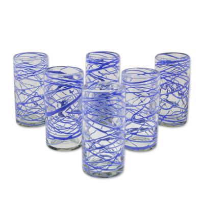 Blown glass high ball glasses, 'Sapphire Swirl' (set of 6)