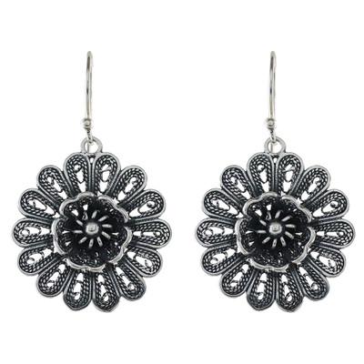 Intricate Petals,'Handcrafted Sterling Silver Flower Dangle Earrings'
