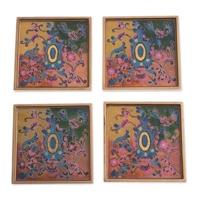 'Colorful Reverse-Painted Glass Coasters from Peru (Set of 4)'