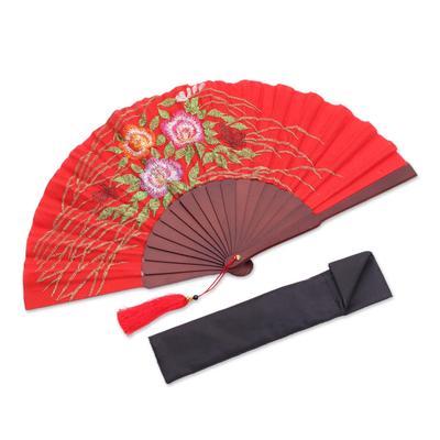 Poppy Bliss,'Floral Embroidered Silk Hand Fan in Poppy from Bali'