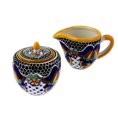 Zacatlan Flowers,'Artisan Crafted Talavera Style Creamer and Sugar Bowl Set'