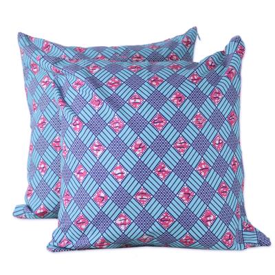 Blue Weave,'100% Cotton Pink and Blue Weave Print Pair of Cushion Covers'