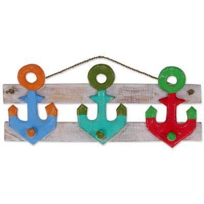 Three Anchors,'Artisan Crafted Nautical Theme Wooden Coat Rack from Bali'