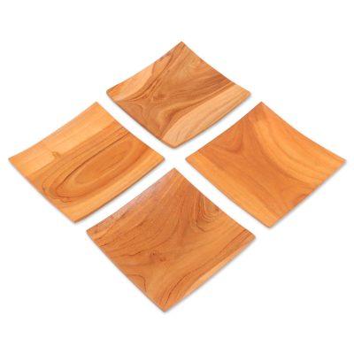 Fine Meal,'Handmade Square Teak Wood Plates from Bali (Set of 4)'