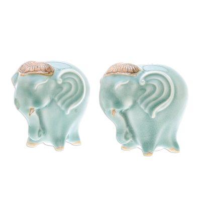 Calm Elephants in Green,'Celadon Ceramic Elephant Salt and Pepper Shakers (Pair)'