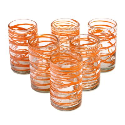 Tangerine Swirl,'Hand Blown Glass Orange Swirl 13 oz Water Glasses (Set of 6)'