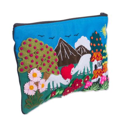 Happy Alpaca,'Grazing Alpacas Colorful Cotton Blend Appliqué Pencil Case'