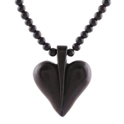 Heart Adoration,'Heart-Shaped Ebony Wood Beaded Pendant Necklace'