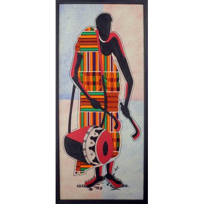 Talking Drum,'Drum Theme Mixed Media West African Folk Art Composition'