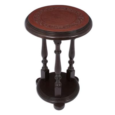 Mohena wood and leather accent table, 'Pedestal'