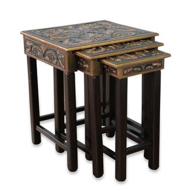 Bird of Paradise,'Artisan Crafted Tooled Leather Wood Side Table (Set of 3)'