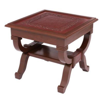 Mohena wood and leather accent table, 'Fern Garland'