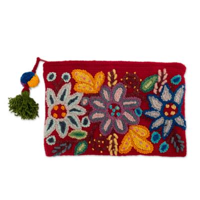 Intense Devotion,'Floral Embroidered Red 100% Alpaca Cosmetic Bag from Peru'