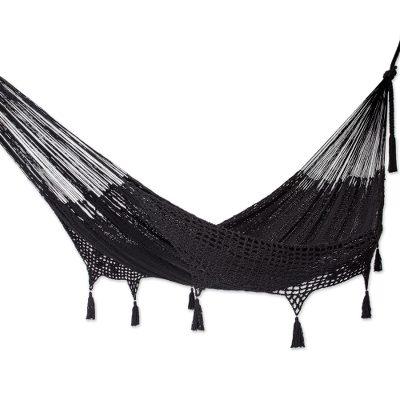 Veranda in Black,'Coal Black Tasseled Cotton Hammock (Triple) from Mexico'