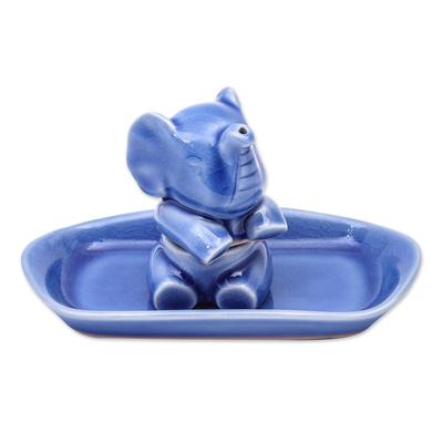 Magic Elephant in Blue,'Blue Celadon Elephant Salt and Pepper Set (3 Pieces)'