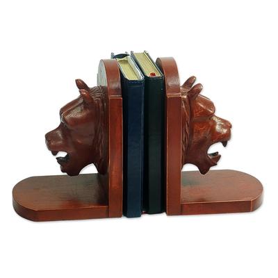 'Lion Guardian' (pair) - Unique Hand Carved Wood Bookends