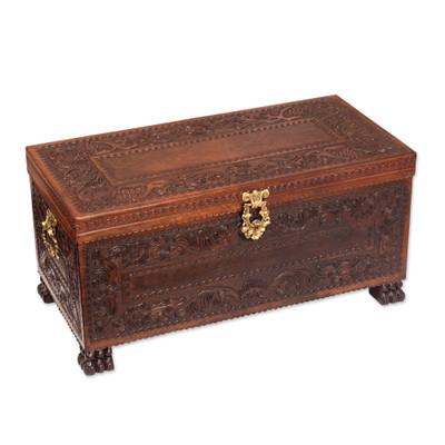 Mohena wood and leather chest, 'Vineyard Birds'