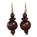 Casually Elegant,'Brown Wood Disc and Round Bead Dangle Earrings from Ghana'