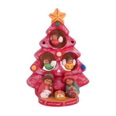 Birth Beneath the Red Tree,'Ceramic Christmas Nativity Scene in Red from Peru'