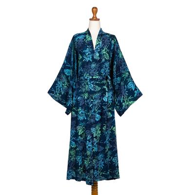 Bedugul Dusk,'Navy and Green Batik Print Long Sleeved Rayon Robe with Belt'