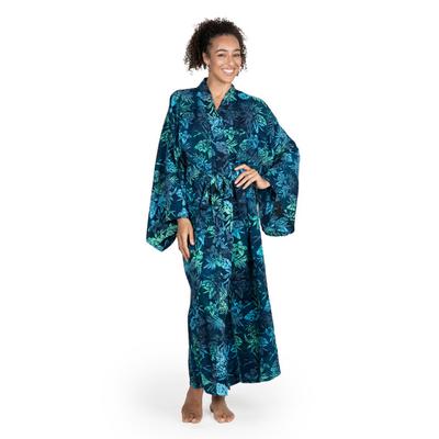 Bedugul Dusk,'Navy and Green Batik Print Long Sleeved Rayon Robe with Belt'