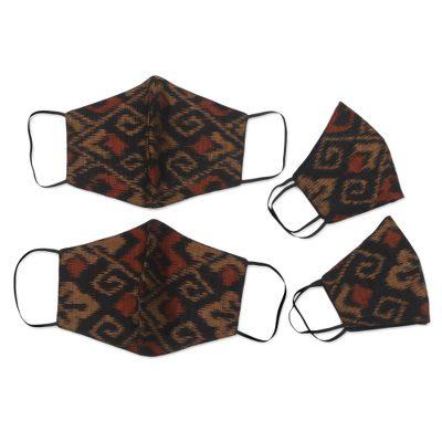 '2 Adult/2 Child Brown & Black 2-Layer Cotton Ikat Masks'