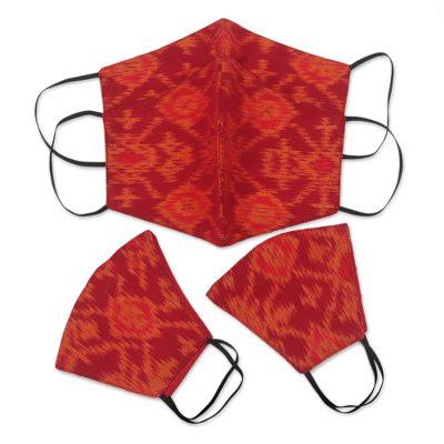 '4 Handwoven Red & Orange 2-Layer Cotton Ikat Masks 2 Sizes'