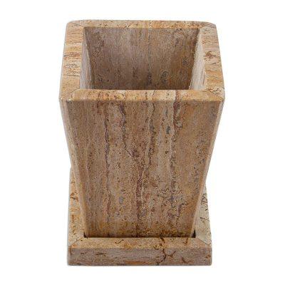 Earth Contempo,'Modern Flower Pot of Brown Marble with Vertical Veins'