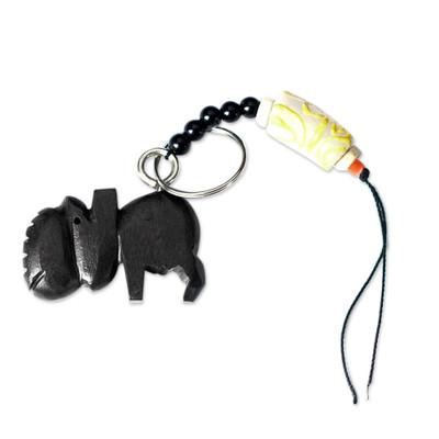 Hippo,'Ebony Hippo Keychain with Recycled Glass & Wood Beads'