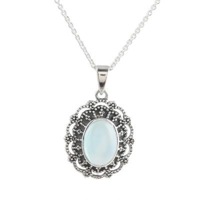 Harmony in Aqua,'Aqua Chalcedony Cabochon Sterling Silver Pendant Necklace'
