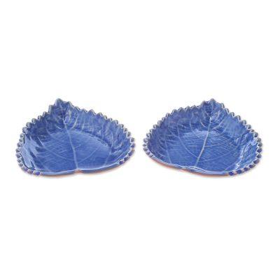 'Leaf-Shaped Blue Ceramic Bowls from Thailand (Pair)'